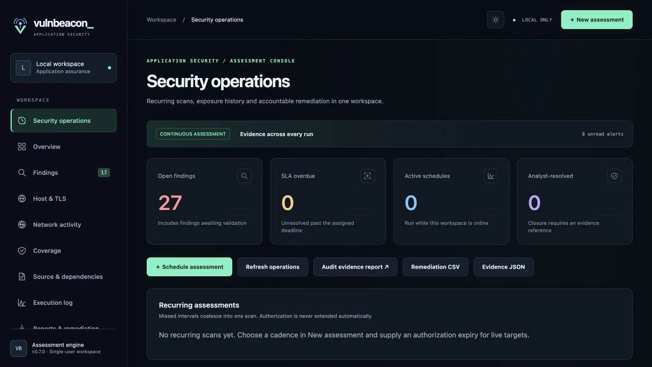 VulnBeacon security operations view showing an example remediation queue and assessment history.